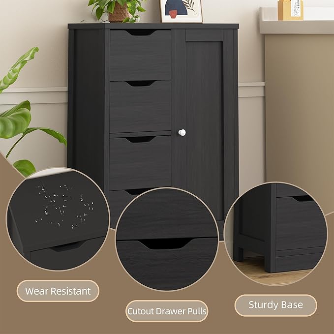 Walsunny Bathroom Floor Storage Cabinet, Wooden Storage Organizer with 4 Drawers and 1 Cupboard, Freestanding Entryway Storage Unit Console Table(Black)