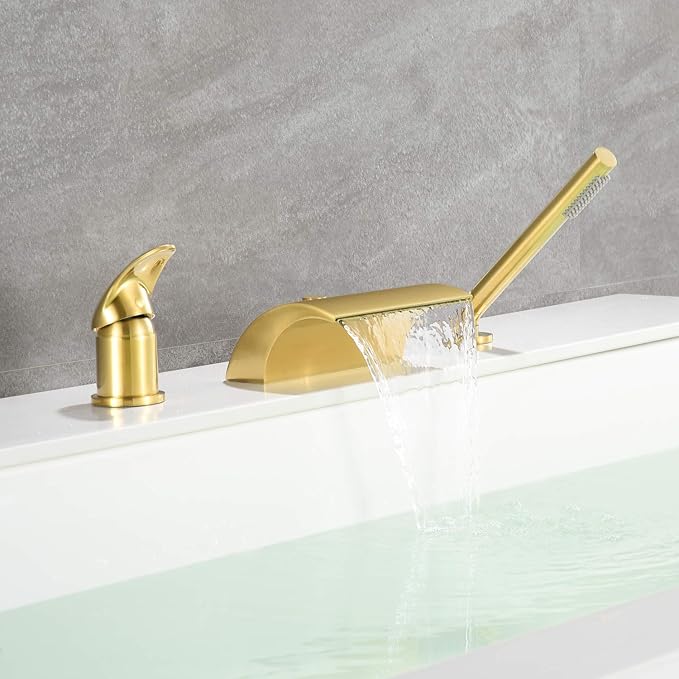 sumerain 3 Hole Roman Tub Faucet with Hand Shower, High Flow Single Handle Waterfall Bathtub Filler Brushed Gold Finish