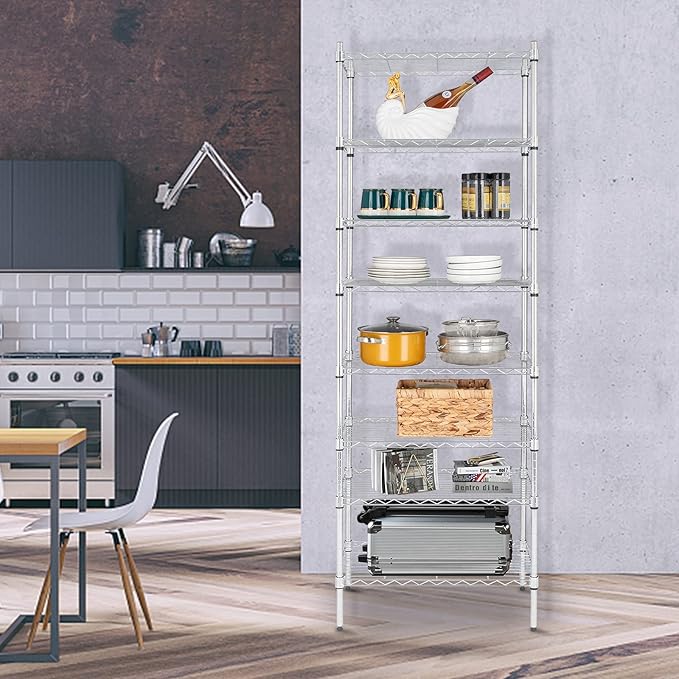 8 Tier Storage Racks Shelving, Heavy Steel Pantry Shelves, Adjustable Wire Shelving Rack, Suitable for Garage, Kitchen, Bathroom, Office, 24" W x 14" D x 71" H, Chrome