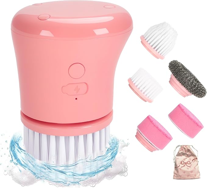 Electric Spin Scrubber, Cordless Cleaning Brushes, Pink Dish Brush kit, Gift for Woman, for Bathroom/Kitchen/Floor/Home/Grout/Tile, IP66 Waterproof Household Cleaning Supplies, Apartment Essentials