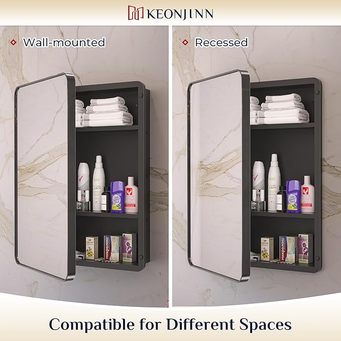 Keonjinn Black Medicine Cabinet 17 x 25 Inch, Heavy & Solid Bathroom Medicine Cabinet with Mirror, Stainless Steel Framed, Adjustable Shelves, Recessed or Wall Mount, Bathroom Mirror with Storage