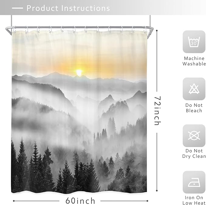 Riyidecor Misty Mountain Shower Curtain 60Wx72H Inch Sunrise Foggy Woodland Greenery Smokey Black Spring Scenery Tree Nature Pine Scenic Bathroom Decor Fabric Polyester Waterproof 12 Pack Hooks
