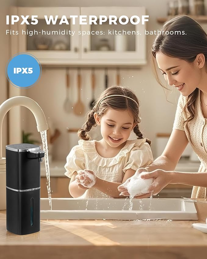 Automatic Liquid Soap Dispenser, 12.8oz Rechargeable, Adjustable Liquid Levels, IPX5 Waterproof, Touchless & Wall/Tabletop Use for Kitchen Bathroom, Black