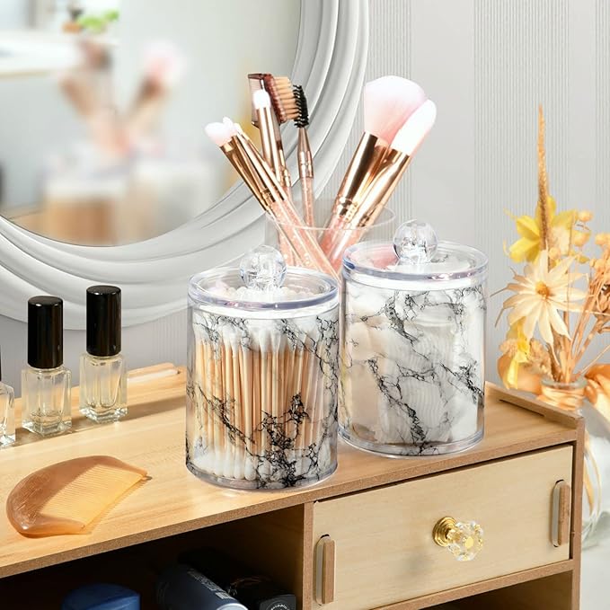 MNSRUU 4 Pack Qtip Holder Organizer Dispenser Stylish White Marble Texture Bathroom Containers Bathroom Vanity Storage Canister Apothecary Jars for Cotton Swabs/Pads/Floss