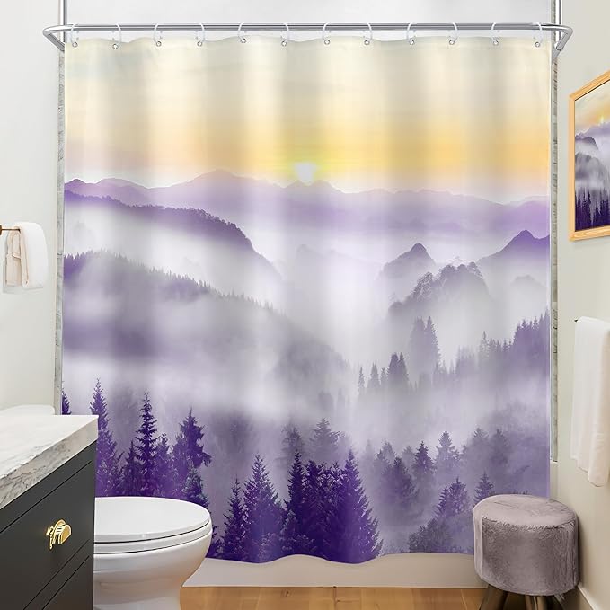 Riyidecor Misty Mountain Shower Curtain 72Wx72H Inch Purple Sunrise Nature Scenery Foggy Pine Tree Woodland Modern Rustic Natural Landscape Bathroom Decor Fabric Polyester Waterproof 12 Pack Hooks
