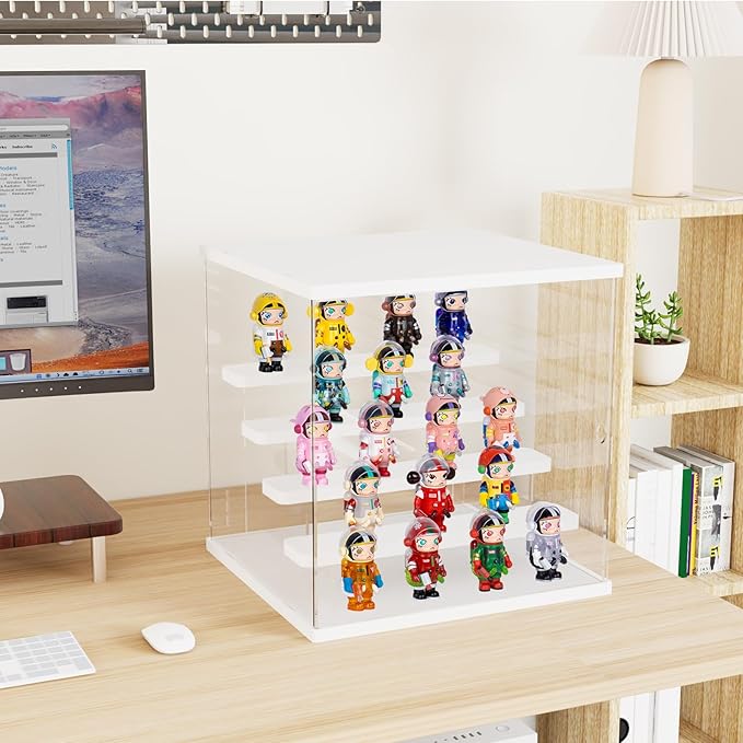 Choowin 5 Tier Clear Acrylic Lighted Display Case for Collectibles, Mini Figures, Pop Mart, Labubu, Sonny Angel, Smiski - Assemble Dustproof Display Box with Door, Stand (White Top Base, Clear Step)