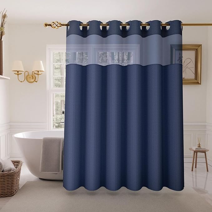 Inhousolu Stall No Hook Shower Curtain with Snap in Fabric Liner Set Waffle Weave 230GSM Weighted Hem, Waterproof & Washable Bathroom Curtain Spa Luxury with Mesh Top Window 36" W x 72" L Navy Blue