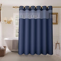 Inhousolu No Hook Shower Curtain with Snap in Fabric Liner Set Waffle Weave 230GSM Weighted Hem, Waterproof & Washable Bathroom Curtain Spa Luxury with Mesh Top Window 72" W x 72" L Navy Blue