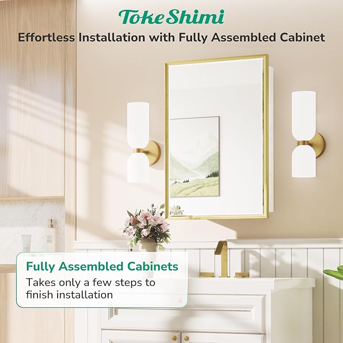 TokeShimi 21x27 Bathroom Medicine Cabinet with Mirror Beveled, White and Gold Recessed Medicine Cabinet Mirrored for Wall, Aluminum Framed Metal Mirror with Storage Adjustable