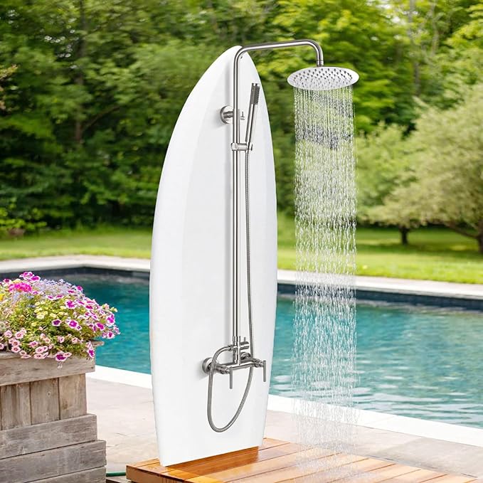 gotonovo Outdoor Shower Fixtures SUS304 Stainless Steel Rain Shower Kit Faucet High Pressure Wall Mount 2 Dual Function 8 Inch Showerhead and Handheld Spray Combo, Double Lever Handle, Brushed Nickel