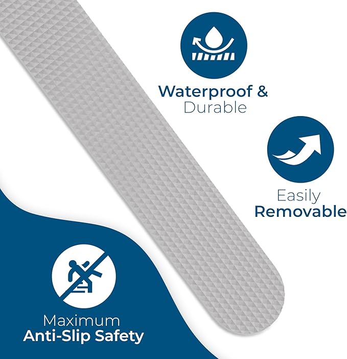 Anti-Slip Shower Stickers - Help Reduce Slipping in Bathtub & Shower, Gray Non-Slip Bath Strips, Strong Adhesive Bathtub Appliques Suitable for Homes with Kids, Adults & Seniors - 24 Pcs - Homergy