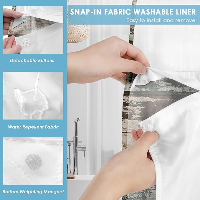 No Hook Vintage Flower Shower Curtain with Snap in Fabric Liner Set, Daisy Wooden Boards Double Layers Waterproof Fabric with See Through Top Window Open Grommet Bath Curtain 54x80 Inch