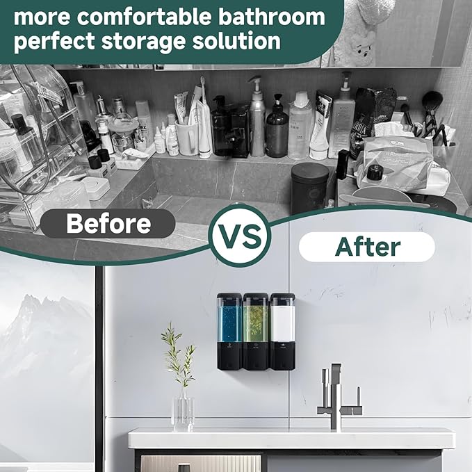 Shampoo and Conditioner Dispenser Wall Mounted No Drill, Shower Soap Dispenser 3 Chamber Shampoo Conditioner Body Wash Refillable 3 * 17oz Shower Soap Dispenser for Bathroom Hotel, Black+Clear