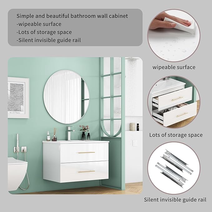 32" Wall Mounted Bathroom Vanity with Sink, High Gloss White Floating Cabinet, Modern Gold Handles, 2 Soft Close Drawers, Integrated Ceramic Top for Powder Room