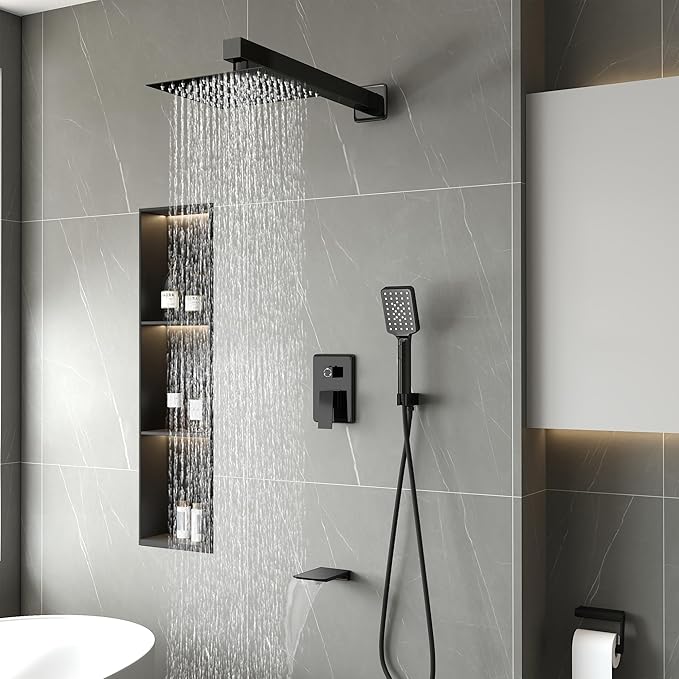 Shower Faucet Set Complete Matte Black Shower System with 8 inch Square Rainfall Shower Head 3-Function Handheld Shower Waterfall Bathtub Spout Rain Shower Combo Set Bathroom Wall Mounted