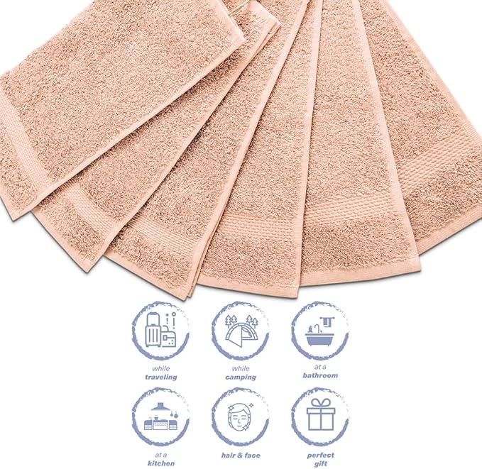 Hencely Premium 6-Pack Washcloths 12x12 Inches Soft Turkish Cotton High Absorbent and Quick Dry Dishtowel for Kitchen and Bath (Wash Cloth 6 Pack, Peach)