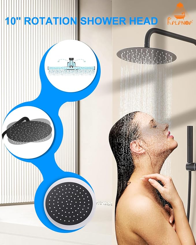 All-Metal Outdoor Shower Fixture,3 Functions Handle Tub Rainfall Shower Faucet Sets with Dial Thermometer Brass Valve, Black Exposed Shower System with 10'' Rainfall Shower Head Adjustable