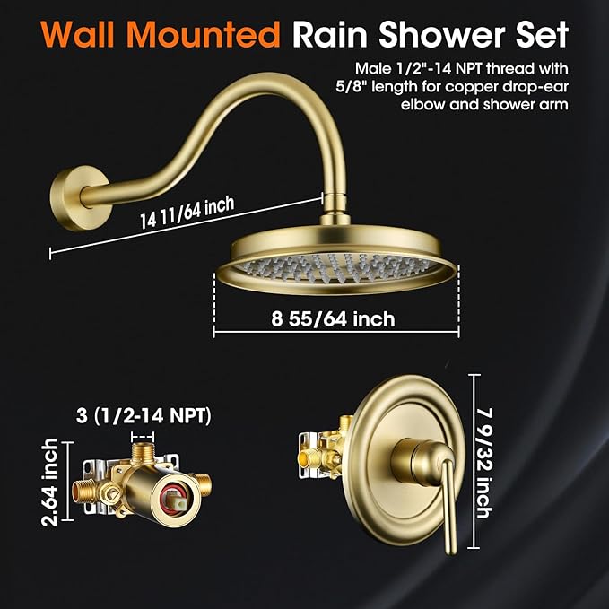Antique Shower Faucet Set Brushed Gold, 9 inch High Pressure Rainfall Shower Head, Shower System with Pressure Balance Valve, Shower Trim Kit with Rough-in Valve (WT-9817BG)