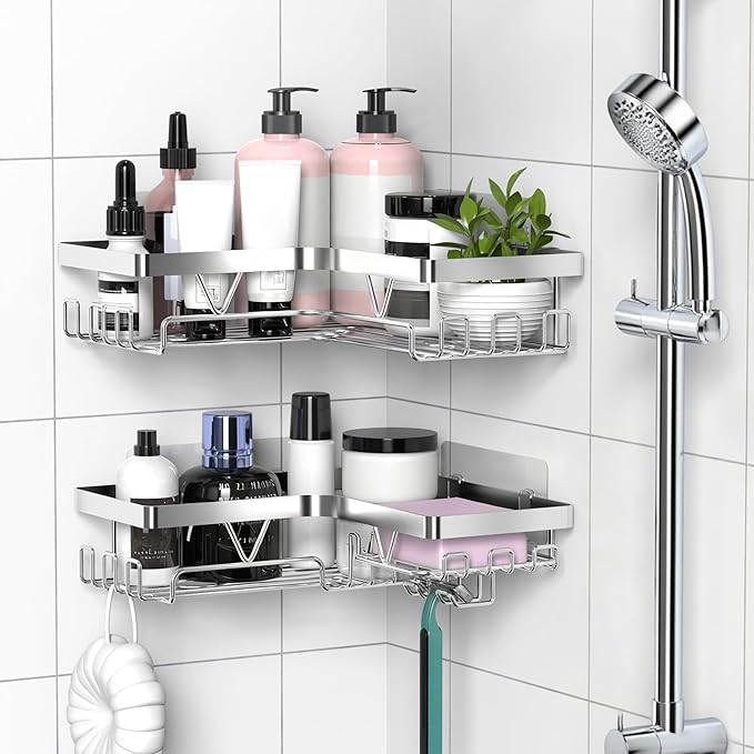 KEGII Corner Adhesive Shower Caddy, Rustproof Shower Shelf with Soap Holder & 14 Hooks, No Drilling Bathroom Rack Storage, Stainless Steel Organizer for Bathroom