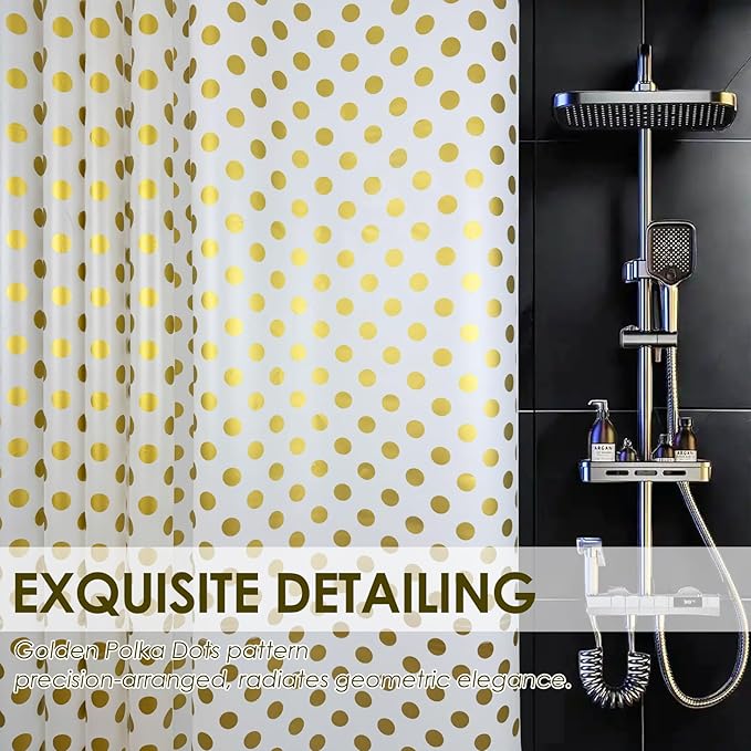 Plastic Shower Curtain Liner, Waterproof Printed PEVA Shower Curtain with Design, Golden Polka Dots Pattern, Rustproof Grommets, Standard Size 70x72 Bathtub Curtain for Bathroom (Pack of 1)
