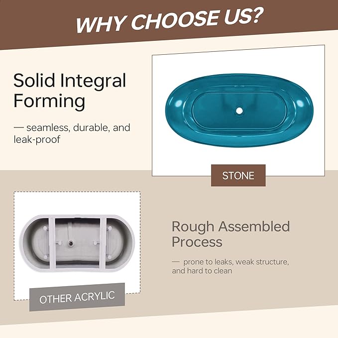 WOODBRIDGE 63" L x 28-3/8" W Transparent Blue Stone Resin Freestanding Soaking Tub with Double Ended Design
