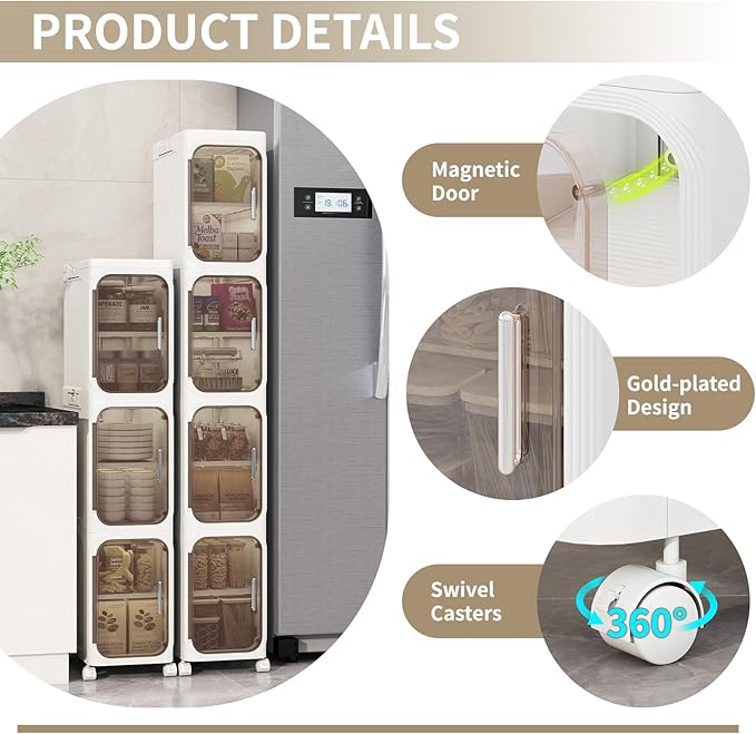 KHNR 2-Tiers Slim Bathroom Storage Cabinet, Foldable Storage Cabinets,Narrow Bathroom Storage,Movable Bathroom Storage Organizer for Small Spaces,Bathroom,Kitchen,Laundry,White
