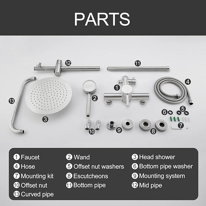 SS304 Shower Faucet Set - Outdoor Kit - Outdoor Fixtures with Brushed Nickel Shower Head & Handheld Spray, High Pressure