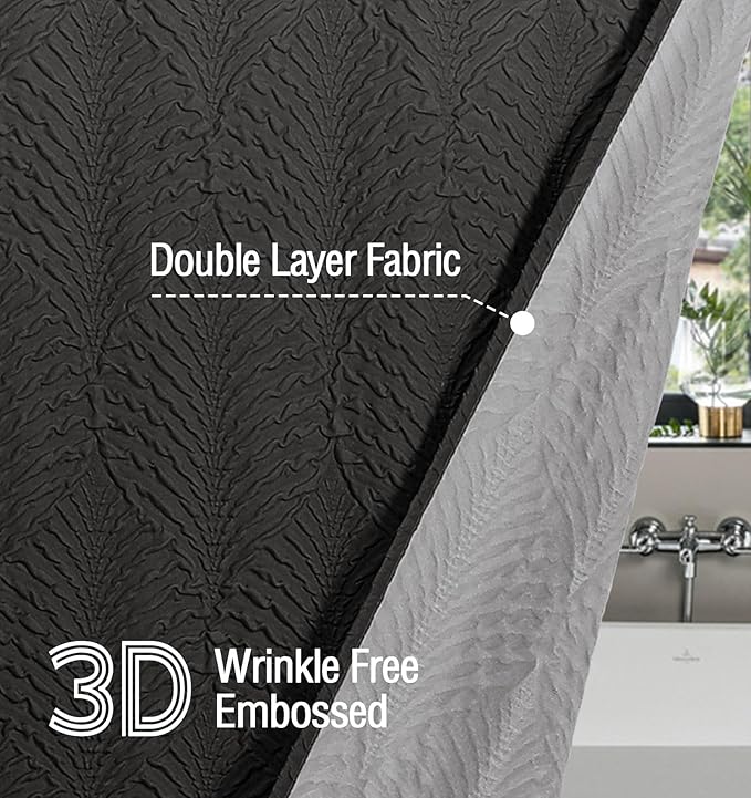 Gibelle Ombre Black Shower Curtain for Bathroom, 3D Embossed Textured Fabric Shower Curtain, Modern Farmhouse Chic Soft Cloth Shower Curtain Set with Hooks, 72x72