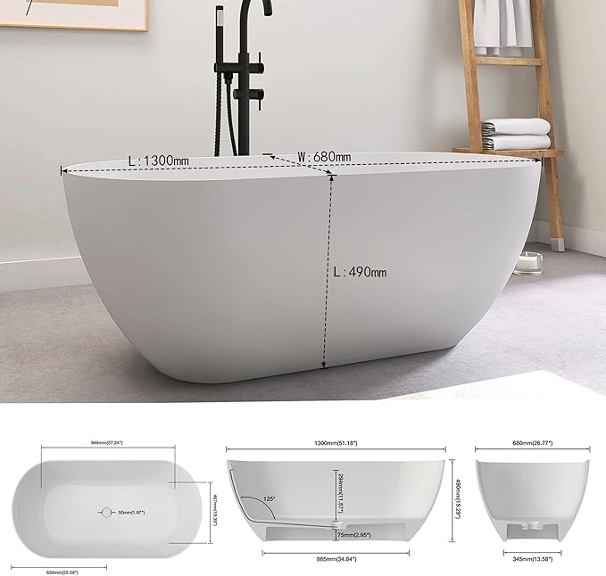 SJ STAR&JANE 51" Solid Surface Freestanding Bathtub, Matte White Oval Soaking Stone Resin Tub with Overflow and Pop-up Drain for Modern Bathrooms