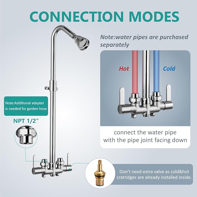 Aolemi Outdoor Shower Fixtures Outdoor Shower Kit Faucet System 3 Inch Center 2 Handle Exposed Shower with Brass Mix Valve with Adjustable Bar Pipe Upward Polish Chrome
