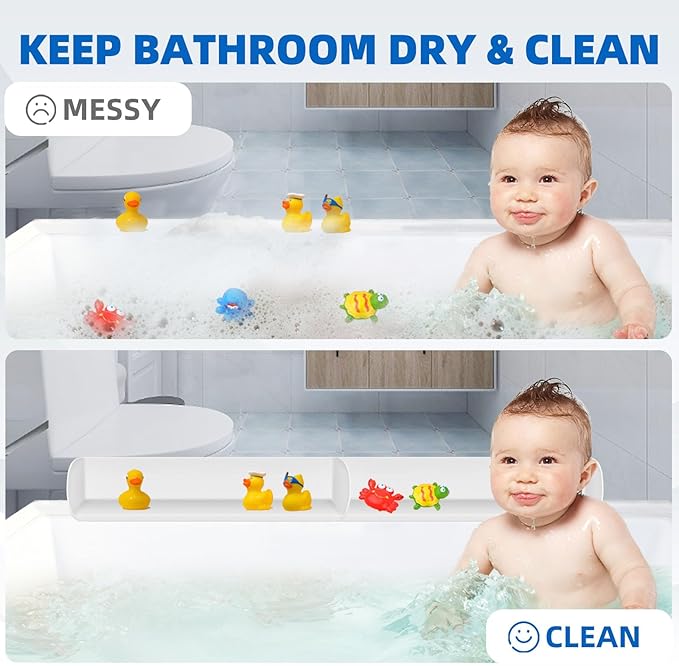 Splash Guard for Bathtub, 3.8" x 3.6" Silicone Bath Tub Splash Guard with 6 Suction Cups, Bathtub SplashGuard Play Shelf Area for Kids with 3°Drainage Slope for Faster Drying - 2 Packs White