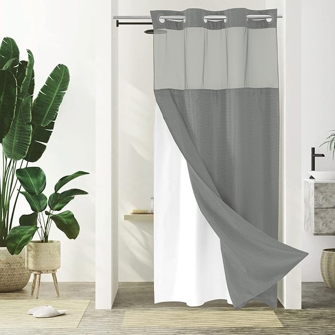 Gibelle Stall Small Shower Curtain 36x74, Waffle Weave Shower Curtain with Snap-in Fabric Liner Set, No Hooks Needed, Hotel Style with Mesh Top Window, Grey