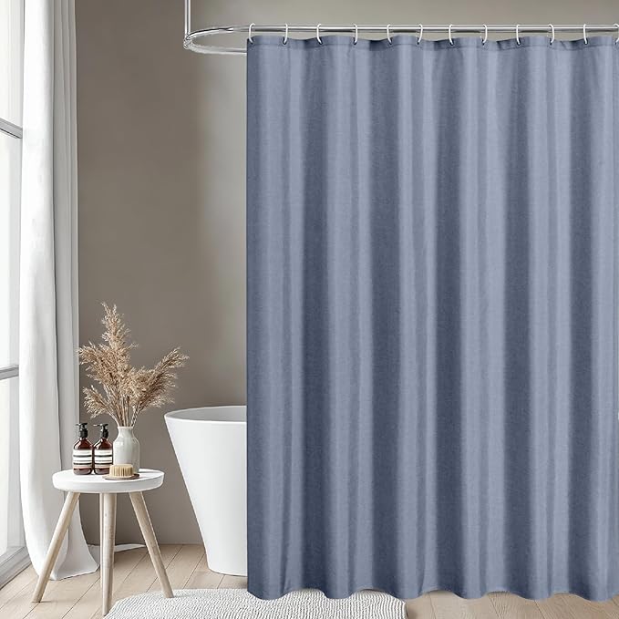2-in-1 Waterproof Fabric Shower Curtain or Liner,Linen Textured,Breathable TPU & Washable Bathroom Shower Curtain Set with 12 Plastic Hooks,Modern,72"x72" Blue Gray