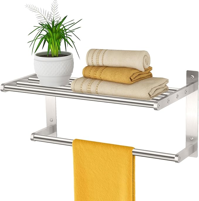 Towel Rack with Shelf 16", Metal Towel Racks for Bathroom Wall Mounted, Bathroom Shelf with Towel Bar Rustproof Bath Towel Holder Towel Rod Lavatory Bath Accessories - Brushed Nickel