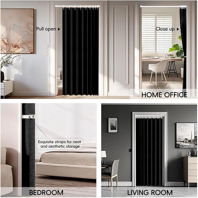100% Blackout Fabric Folding Door Curtain with Magnetic Closure - Accordion Style for Sliding Doors, Closets,Wardrobe and Temporary Door Solutions Doorway Curtains（W42 x L78, Black，1 Panel）
