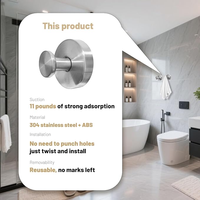 4Pcs New Model No-Drill Suction Cup Hooks for Door Wreaths, Wreath Hangers for Front Door, Suction Cup Hooks for Shower, Removable, Waterproof & Rustproof (Silver)