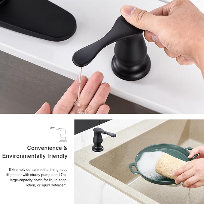 GAGALIFE Sink Soap Dispenser Matte Black, Built in Soap Dispenser with 17 OZ Bottle, Lotion Dispenser for Kitchen Sink, Refill from The Top