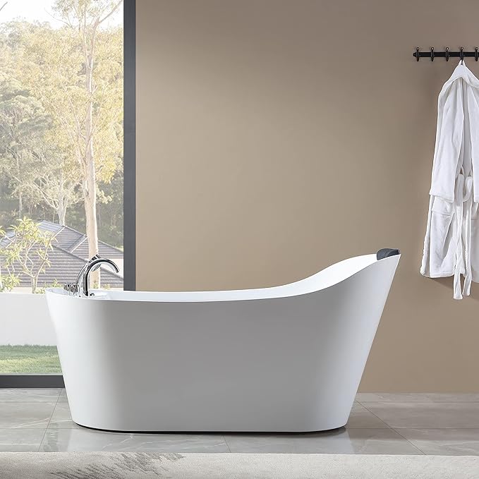 Empava 67 in. Acrylic Freestanding Bath Tub Hydromassage Gracefully Oval Shaped 7 Water Jets Soaking SPA, Single-Ended Massage Bathtubs with Pillow, ETL Certified