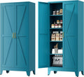 71" Metal Storage Cabinet - 5-Tier Heavy-Duty Pantry Cabinet with Adjustable Shelves & Barn Doors for Kitchen Garage,Blue