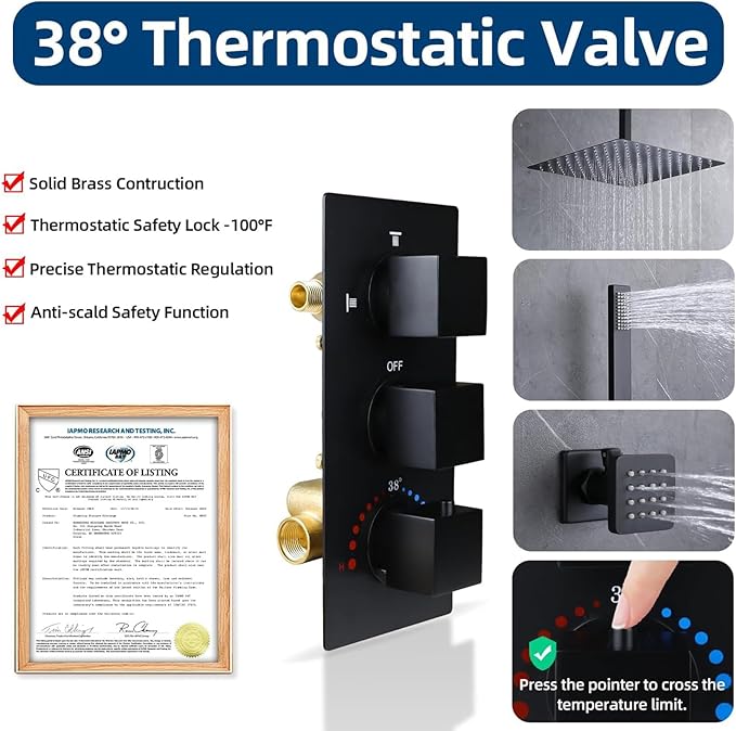 HOMEDEC Brass 3 Way Shower Diverter Valve, Thermostatic 3 Handle Control Shower Mixing Valve Trim Kit Replacement, Rough In, Black