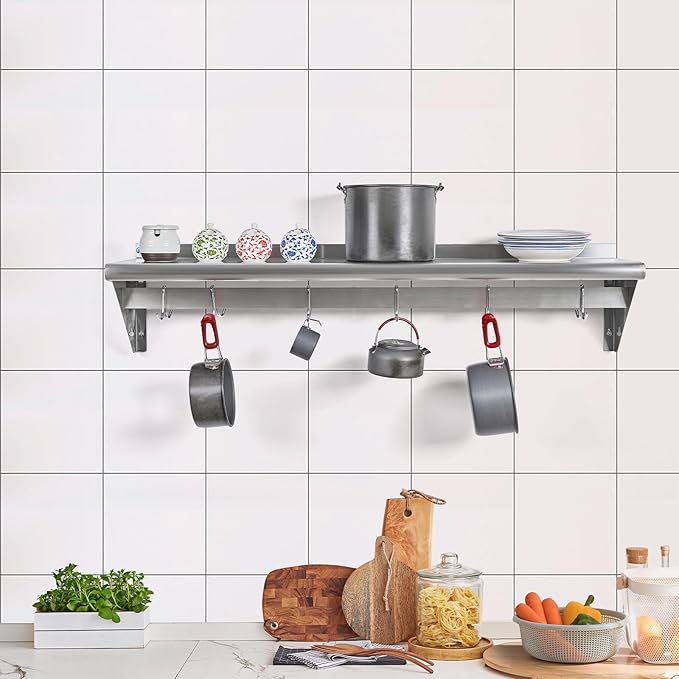 Hally Stainless Steel Shelf with 6 Hooks 12" x 36" Wall Mounted Pot Rack, NSF Commercial Floating Shelving for Storage Hanging Pots, Pans, cookware in Restaurant, Kitchen, Home and Hotel
