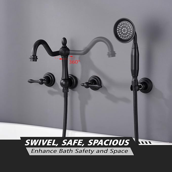 SUMERAIN Matte Black Wall Mounted Bathtub Faucet with Sprayer, Traditional High Flow Tub Faucet Set,Rough-in Valve Included