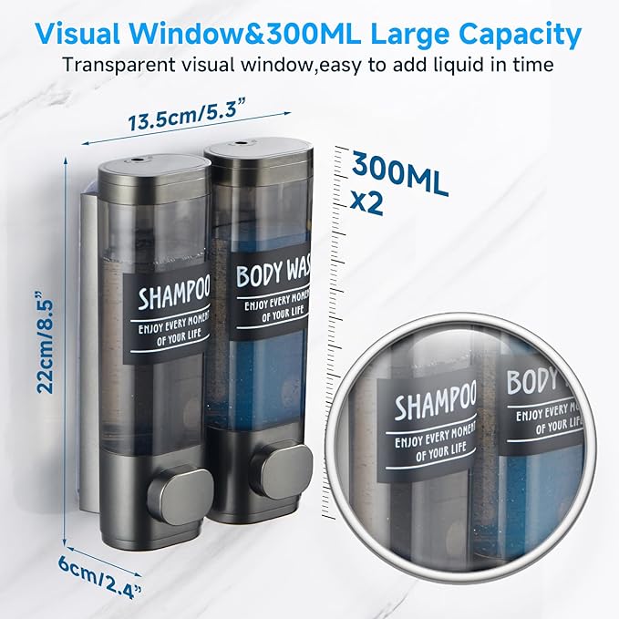Shampoo and Conditioner Dispenser,GlintGath Shower Dispenser 2 Chamber No Drill Shampoo Dispenser for Shower Wall Mounted Shower Soap Dispenser for Bathroom Hotel,2 * 300ML,Gun Gray