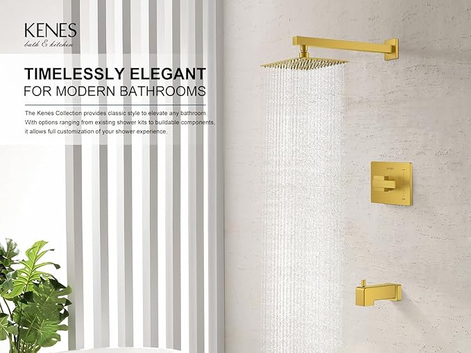 KENES Brushed Gold Tub and Shower Trim Kit, Square Tub Shower Faucet Set Complete with 10-Inch Rainfall Shower Head and Tub Spout, KE-6024A-4 (Shower Valve Included)
