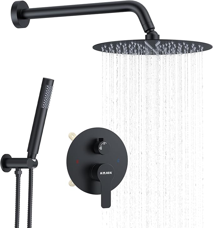 KOJOX 12-Inch Matte Black High-Pressure Shower System: Complete Set with Rainfall & Handheld Shower Heads, Wall-Mounted Mixer Faucet, Rough-In Valve, & Trim Kit for Bathroom
