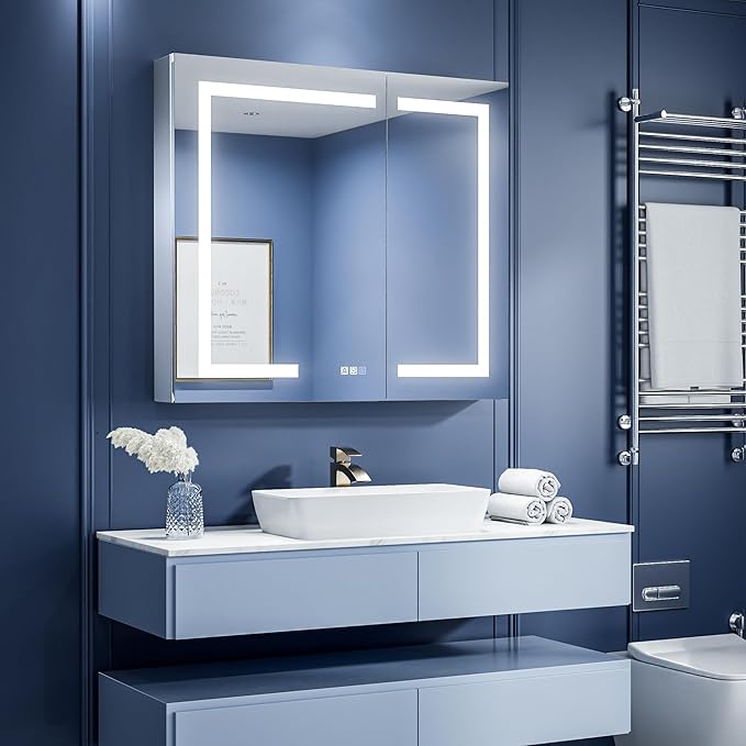 ExBrite LED Lighted Bathroom Medicine Cabinet with Mirror, 36 x 30 Inch,Recessed or Surface Mount,Anti-Fog, Stepless Dimming,Color Temperature Change,Built-in 6000K Sensor Light,Storage Shelves