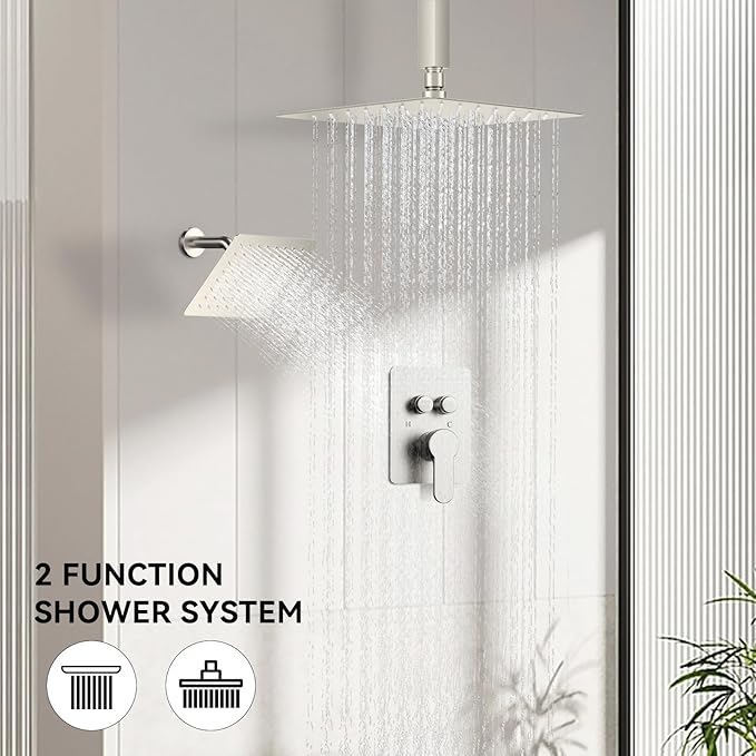 Shower Faucet Set Brushed Nickel Shower System, STARBATH 10" Ceiling Mount Rain Showerhead and 6" Wall Mounted Rainfall Shower for Couples, On Off Button Valve Dual Head Shower Systems Complete