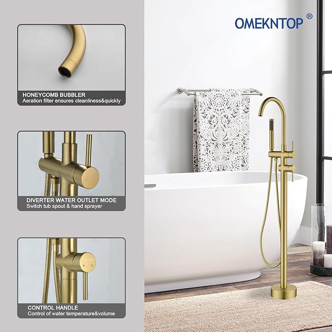 Modern Freestanding Tub Faucet with 360 Swivel Gooseneck Spout and Handheld Shower, Gold Floor Mount Tub Filler