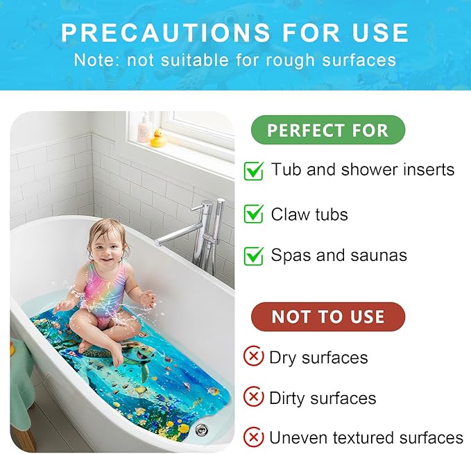 Upgrade Cartoon Baby Bath Mat Non Slip - 40"x16" Extra Long Bathtub Mat for Baby Eco Friendly Durable Bath Mat for Tub Non Slip Kids Tub Mat with Suction Cups, Machine Washable and No Fading, Turtle