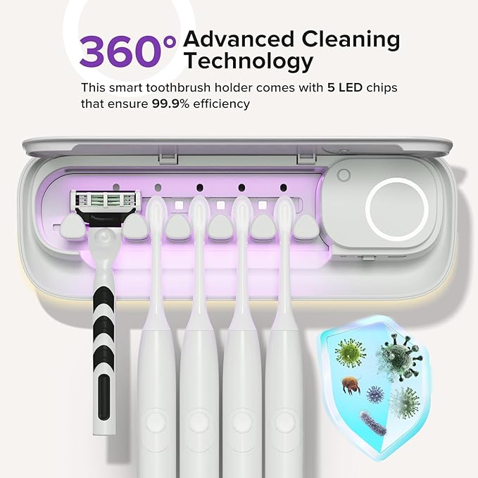 Toothbrush Sanitizer Holder for Bathrooms, 5 Slots Toothbrush Sanitizer and Holder, Rechargeable Cordless Wall Mounted Organizer, Toothbrush Cleaner with Drying Function, No-Drilling